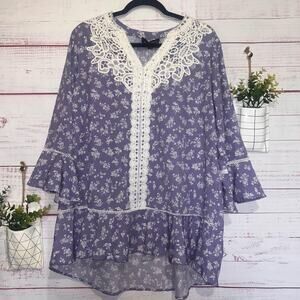 New | Blue Floral Suzanne Betro Embroidered Detail Blouse Women's XL